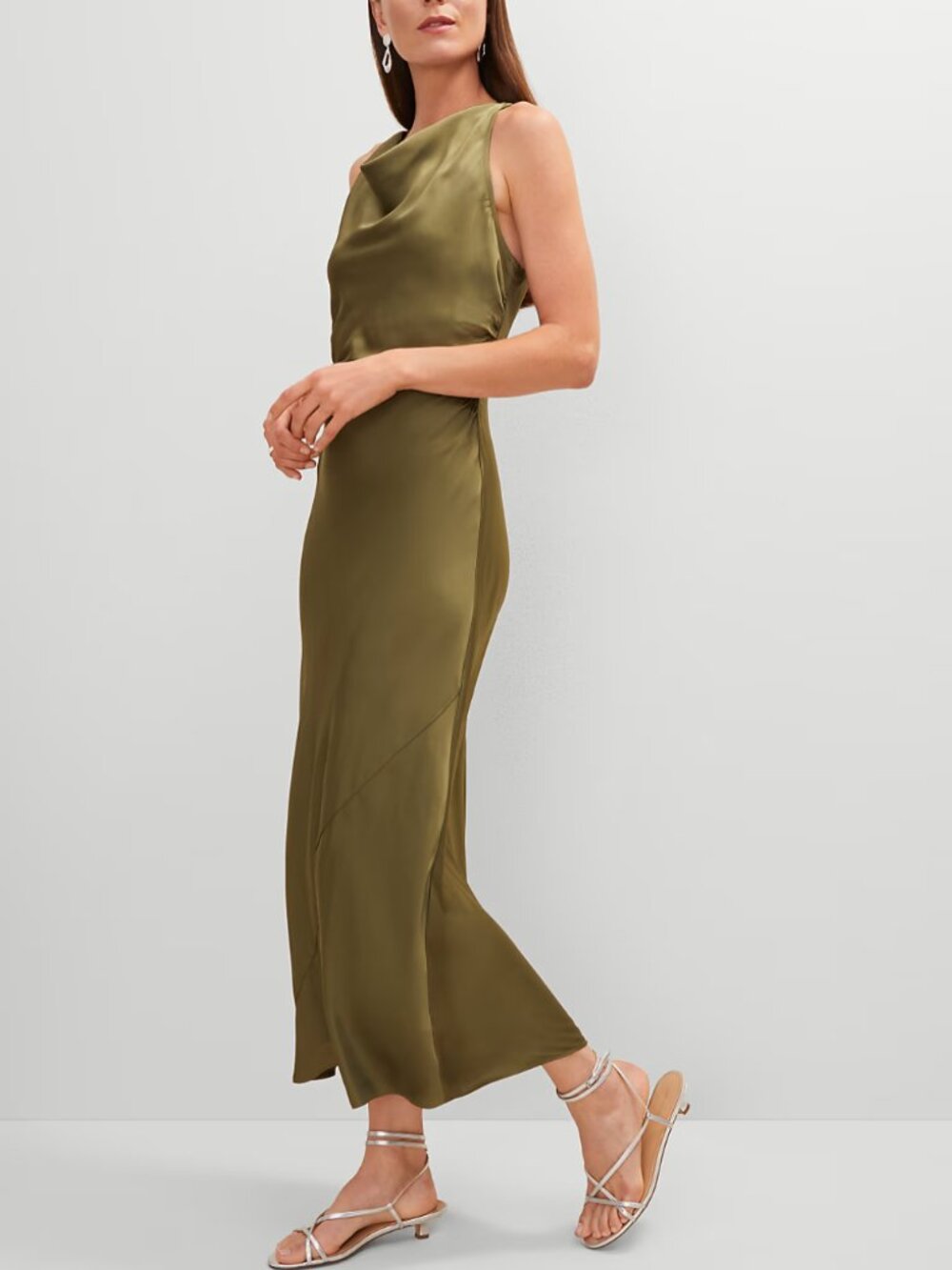 Ann Taylor Olive Green Satin Cowl Neck Maxi Dress